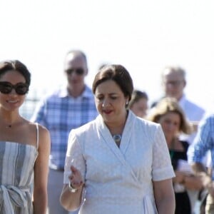 Le prince Harry, duc de Sussex, et Meghan Markle, duchesse de Sussex (enceinte) arrivent baie Kingfisher, sur l'île Fraser, en Australie, le 22 octobre 2018. Le couple rencontre les habitant de l'île.