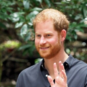 Le prince Harry, duc de Sussex, visite la forêt "K'gari" sur l'île Fraser en Australie, le 22 octobre 2018. Le duc dévoile une plaque dans la forêt "Queen's Commonwealth Canopy" et regarde ensuite des danses traditionnelles du peuple Butchulla.