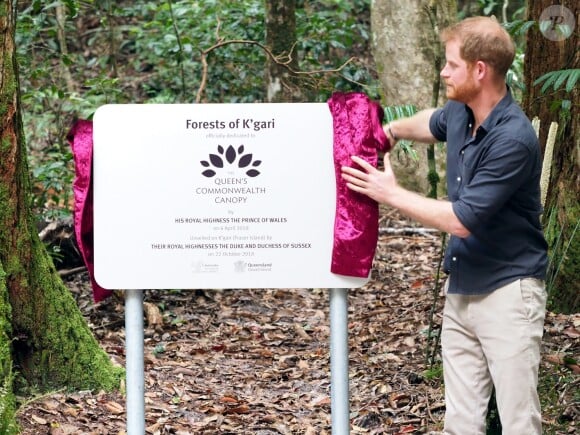 Le prince Harry, duc de Sussex, visite la forêt "K'gari" sur l'île Fraser en Australie, le 22 octobre 2018. Le duc dévoile une plaque dans la forêt "Queen's Commonwealth Canopy" et regarde ensuite des danses traditionnelles du peuple Butchulla.