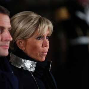 Le couple présidentiel, le président de la République française Emmanuel Macron et sa femme la Première Dame Brigitte Macron (Trogneux) ont accueilli le président de la République fédérale d'Allemagne et sa femme avec une cérémonie militaire, avant de pénétrer dans la cathédrale Notre-Dame de Strasbourg pour un concert d'oeuvres de Debussy et Beethoven à Strasbourg, France, le 4 Novembre 2018, pour lancer une semaine de commémorations du centenaire de l'armistice de la Première Guerre mondiale. La Première Dame française est vêtue d'une veste zippée à col métallisé signée Louis Vuitton, la même que le soir de l'élection de son mari. © Stéphane Lemouton/Bestimage