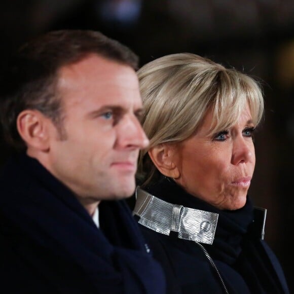 Le couple présidentiel, le président de la République française Emmanuel Macron et sa femme la Première Dame Brigitte Macron (Trogneux) ont accueilli le président de la République fédérale d'Allemagne et sa femme avec une cérémonie militaire, avant de pénétrer dans la cathédrale Notre-Dame de Strasbourg pour un concert d'oeuvres de Debussy et Beethoven à Strasbourg, France, le 4 Novembre 2018, pour lancer une semaine de commémorations du centenaire de l'armistice de la Première Guerre mondiale. La Première Dame française est vêtue d'une veste zippée à col métallisé signée Louis Vuitton, la même que le soir de l'élection de son mari. © Stéphane Lemouton/Bestimage