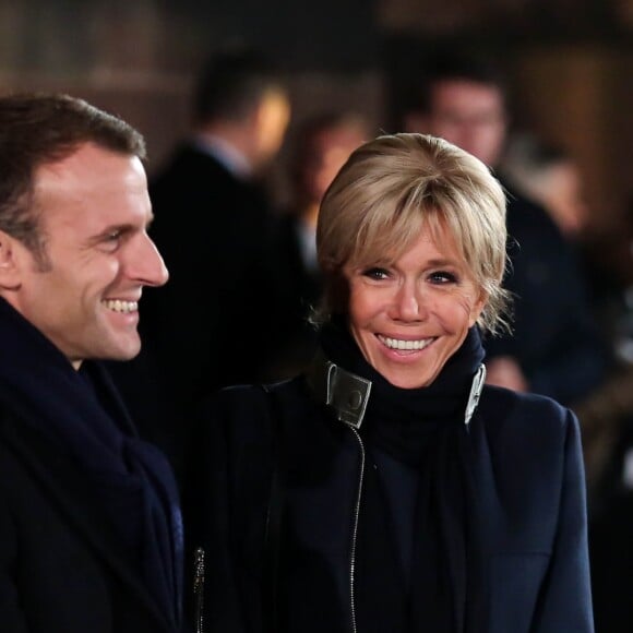 Le couple présidentiel, le président de la République française Emmanuel Macron et sa femme la Première Dame Brigitte Macron (Trogneux) ont accueilli le président de la République fédérale d'Allemagne et sa femme avec une cérémonie militaire, avant de pénétrer dans la cathédrale Notre-Dame de Strasbourg pour un concert d'oeuvres de Debussy et Beethoven à Strasbourg, France, le 4 Novembre 2018, pour lancer une semaine de commémorations du centenaire de l'armistice de la Première Guerre mondiale. La Première Dame française est vêtue d'une veste zippée à col métallisé signée Louis Vuitton, la même que le soir de l'élection de son mari. © Stéphane Lemouton/Bestimage