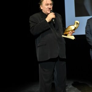 Exclusif - - Gérard Depardieu reçoit un Ibis d'or pour l'ensemble de sa carrière sur la scène du palais de congrès Atlantia lors du 5ème festival du cinéma et musique de film de la Baule le 3 novembre 2018. © Rachid Bellak/Bestimage