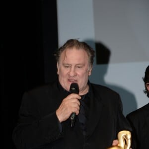 Exclusif - - Gérard Depardieu reçoit un Ibis d'or pour l'ensemble de sa carrière sur la scène du palais de congrès Atlantia lors du 5ème festival du cinéma et musique de film de la Baule le 3 novembre 2018. © Rachid Bellak/Bestimage