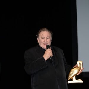 Exclusif - - Gérard Depardieu reçoit un Ibis d'or pour l'ensemble de sa carrière sur la scène du palais de congrès Atlantia lors du 5ème festival du cinéma et musique de film de la Baule le 3 novembre 2018. © Rachid Bellak/Bestimage