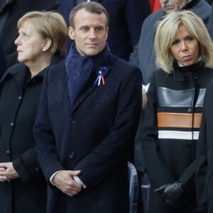 La chancelière allemande Angela Merkel, le président de la République française Emmanuel Macron, sa femme la Première Dame Brigitte Macron (Trogneux) et le président de la Russie Vladimir Poutine - Cérémonie internationale du centenaire de l'Armistice du 11 novembre 1918 à l'Arc de Triomphe à Paris, France, le 18 novembre 2018.