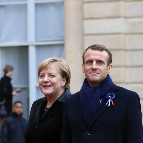 La chancelière fédéral d'Allemagne Angela Merkel et le président de la république française Emmanuel Macron - Le président de la République française reçoit les présidents de la cérémonie du Centenaire de l'Armistice de la Première Guerre Mondiale, pour un déjeuner au palais de l'Elysée à Paris, France, le 11 novembre 2018. © Stéphane Lemouton/Bestimage