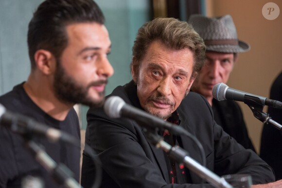 Exclusif - Yodelice (Maxim Nucci), Johnny Hallyday et le chanteur Miossec - Présentation de l'album "De l'amour" lors d'une conférence de presse organisée à l'hôtel The Peninsula Paris, à Paris, le 6 novembre 2015. © Cyril Moreau / Bestimage