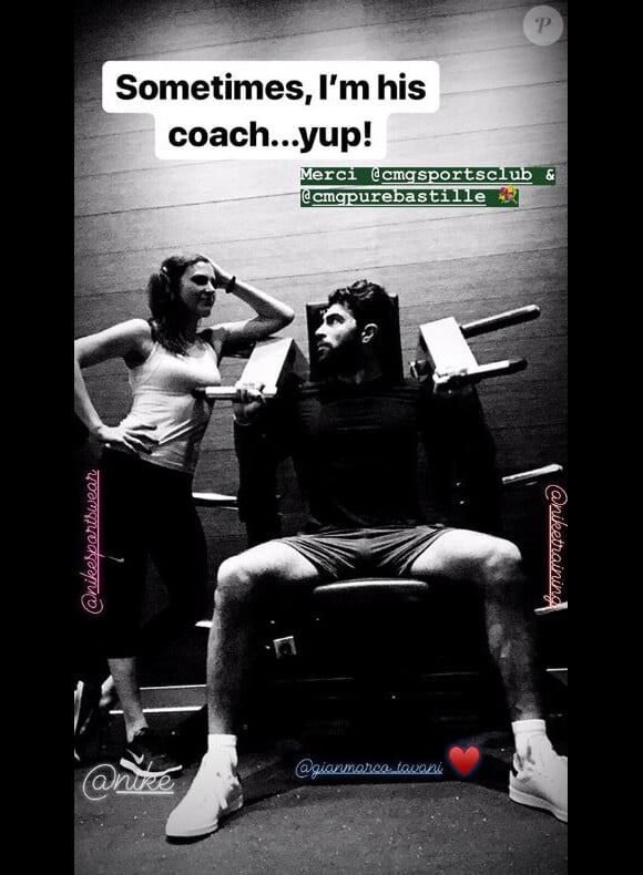 Elodie Frégé au sport avec Gian Marco. Story Instagram le 15 novembre 2018.