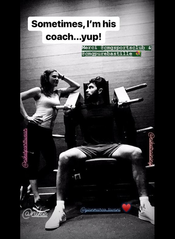 Elodie Frégé au sport avec Gian Marco. Story Instagram le 15 novembre 2018.