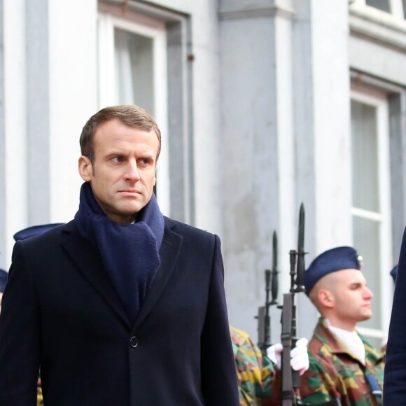 Le président français Emmanuel Macron et la première dame B. Macron sont accueillis par Charles Michel, premier ministre du Royaume de Belgique et son épouse Madame Derbaudrenghien, au palais d'Egmont, Bruxelles, Belgique, le 19 novembre 2018. © Stéphane Lemouton / Bestimage