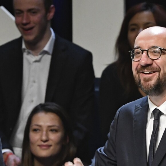 Le président Emmanuel Macron, le premier ministre de la Belgique Charles Michel - Le président de la République française lors d'une conférence-débat sur l'Europe à l'université de Louvain-La-Neuve en présence du premier ministre de la Belgique le 20 novembre 2018.