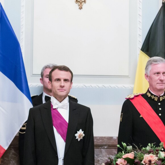 Le président de la République française Emmanuel Macron, sa femme la Première Dame Brigitte Macron, le roi Philippe de Belgique et la reine Mathilde de Belgique pendant le banquet d'État au château de Laeken à Bruxelles, Belgique, le 19 novembre 2018, lors de la visite d'Etat du couple présidentiel en Belgique. © Stéphane Lemouton/Bestimage