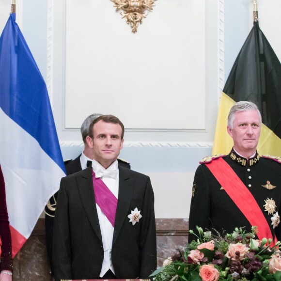 Le président de la République française Emmanuel Macron, sa femme la Première Dame Brigitte Macron, le roi Philippe de Belgique et la reine Mathilde de Belgique pendant le banquet d'État au château de Laeken à Bruxelles, Belgique, le 19 novembre 2018, lors de la visite d'Etat du couple présidentiel en Belgique. © Stéphane Lemouton/Bestimage
