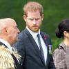 Le prince Harry, duc de Sussex, et Meghan Markle, duchesse de Sussex, assistent à une cérémonie de bienvenue traditionnelle sur les pelouses de la Government House à Wellington, en Nouvelle-Zélande le 28 octobre 2018.