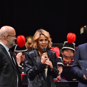 Exclusif - Romain Mussault (chef d'orchestre de la fanfare), Philippe Pradal (1er adjoint de la ville de Nice et président de la Fondation Lenval), Laura Tenoudji Estrosi et son mari Christian Estrosi (maire de Nice), durant le concert caritatif donné par la Musique des Sapeurs Pompiers de la ville de Nice à l'Opéra de Nice, au profit de la Fondation Lenval, avec pour marraine Laura Tenoudji Estrosi. Nice, le 24 novembre 2014. © Bruno Bebert/Bestimage