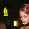 La chanteuse Rihanna, vêtue d'une blouse noire transparente, arrive à l'after party du gala du MET à New York. Le 4 mai 2015