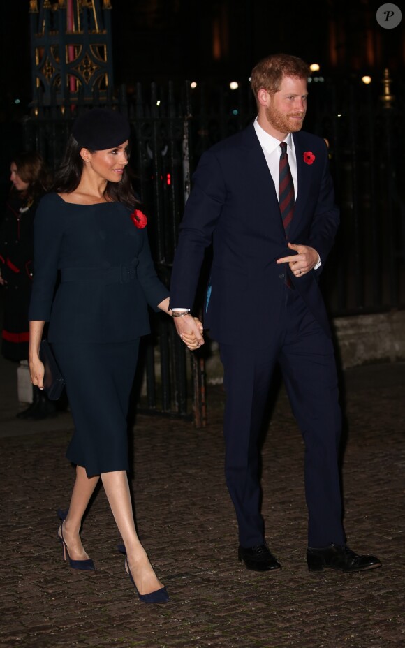 Le prince Harry, duc de Sussex, et Meghan Markle (enceinte), duchesse de Sussex, à l'abbaye de Westminster lors du service commémoratif pour le centenaire de la fin de la Première Guerre mondiale à Londres le 11 novembre 2018