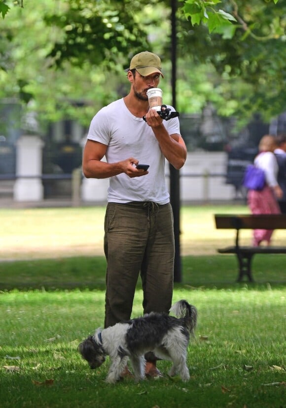 Exclusif - David Gandy promène sa chienne Dora dans un parc de Londres, le 4 juillet 2018.