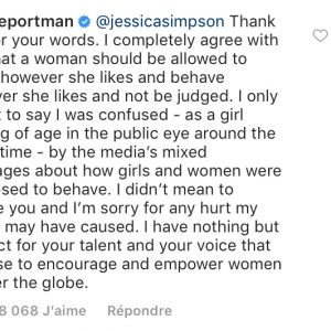 Natalie Portman répond à Jessica Simpson sur Instagram le 5 décembre 2018.