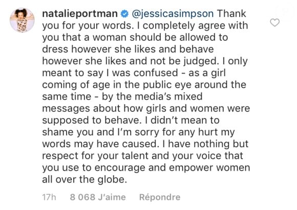 Natalie Portman répond à Jessica Simpson sur Instagram le 5 décembre 2018.