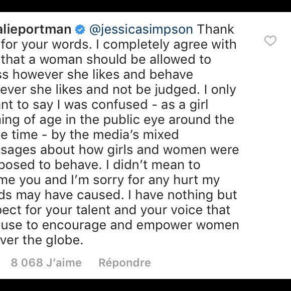 Natalie Portman répond à Jessica Simpson sur Instagram le 5 décembre 2018.