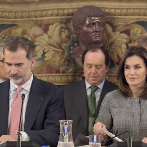 Le roi Felipe VI d'Espagne, la reine Letizia lors d'une rencontre avec les membres de la fondation Princesse Girona (Pincesa de Girona) au palais royal à Madrid le 11 décembre 2018.