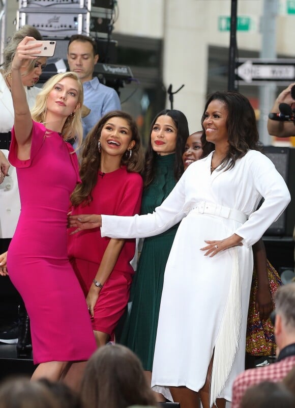 Michelle Obama, Karlie Kloss, Zendaya et Freida Pinto au Today show à l'occasion de la journée internationale de la fille à New York. Le 11 octobre 2018