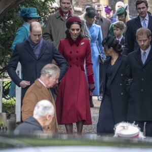 Le duc et la duchesse de Cambridge, le duc et la duchesse de Sussex, enceinte, à la messe de Noël à l'église Sainte-Marie-Madeleine à Sandringham, le 25 décembre 2018.