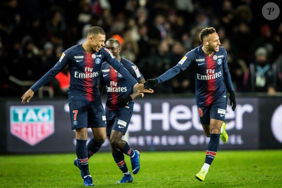 Kylian Mbappé, Moussa Diaby, Neymar au Parc des Princes à Paris le 9 janvier 2019 lors du quart de finale de la Coupe de la Ligue entre le PSG et l'En Avant Guingamp. © Cyril Moreau/Bestimage