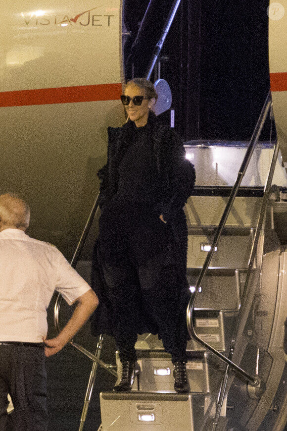 Exclusif - Céline Dion salue ses fans à l'aéroport avant de monter dans son jet le 1er février 2019.