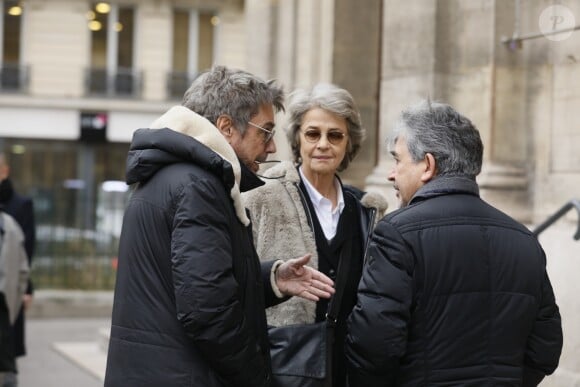 Jean-Michel Jarre et Charlotte Rampling, Jean-Luc Monterosso - Obsèques de Henry Chapier en l'église Notre-Dame des Champs à Paris le 4 février 2019.