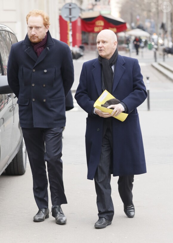 Simon Baker (Maison Européenne de la Photographie) et Christophe Girard - Obsèques de Henry Chapier en l'église Notre-Dame des Champs à Paris le 4 février 2019.