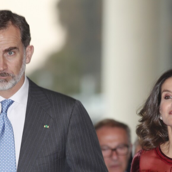 Le roi Felipe VI d'Espagne et la reine Letizia lors d'une réception en l'honneur de la communuauté espagnole au Maroc à la Bibliothèque nationale du Royaume du Maroc à Rabat le 14 février 2019.