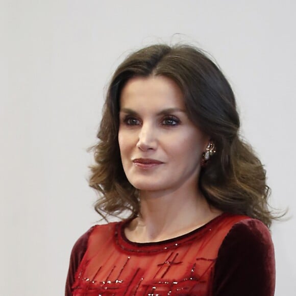 La reine Letizia d'Espagne lors d'une réception en l'honneur de la communuauté espagnole au Maroc à la Bibliothèque nationale du Royaume du Maroc à Rabat le 14 février 2019.