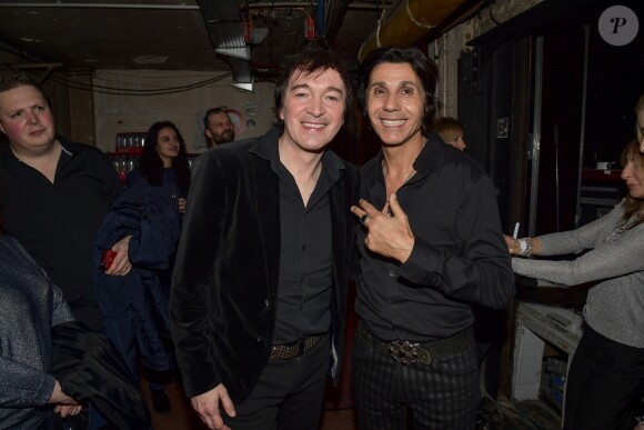 Exclusif - Le chanteur Cali (Bruno Caliciuri) et Jean-Luc Lahaye lors du backstage de la 6ème édition de la "Nuit de la Déprime" au casino de Paris, France, le 11 février 2019. © Pierre Perusseau/Bestimage