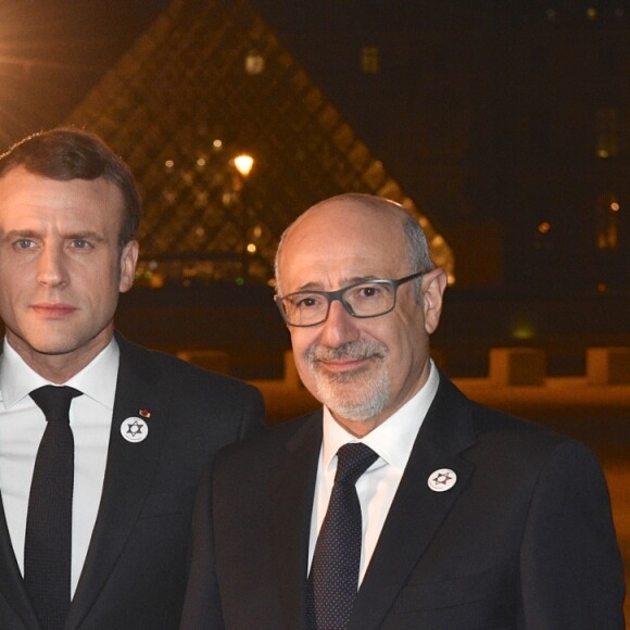 Le président de la République Emmanuel Macron, sa femme la Première Dame Brigitte Macron, Francis Kalifat (président du CRIF) et Nicole Belloubet, Garde des Sceaux, ministre de la Justice lors du 34ème dîner du Conseil représentatif des institutions juives de France (CRIF) au Carrousel du Louvre à Paris, FRance, le 20 février 2019. © Erez Lichtfeld/Bestimage