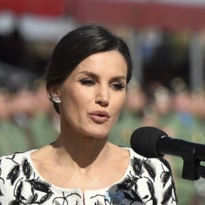 La reine Letizia d'Espagne présidait à la cérémonie de remise du drapeau national au régiment parachutiste d'infanterie Naples n°4 à Paracuellos del Jarama le 23 février 2019.