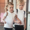 Le prince héréditaire Jacques et la princesse Gabriella de Monaco lors de leur première rentrée des classes, le 12 septembre 2018, photo publiée sur le compte Instagram de la princesse Charlene.