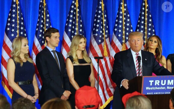 Ivanka Trump et son mari Jared Kushner, Melania Trump - Donald Trump s'adresse à ses supporters et aux médias pendant un meeting à Briarcliff Manor, le 7 juin 2016. © Agence/Bestimage