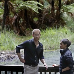 Le prince Harry, duc de Sussex et Meghan Markle, duchesse de Sussex (enceinte) visitent le site Redwoods Tree Walk à Rotorua, Nouvelle Zélande le 31 octobre 2018.