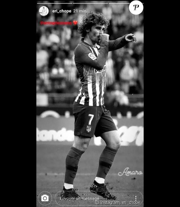 Erika Choperena a publié une photo d'Antoine Griezmann célébrant la naissance de leur fils Amaro sur le terrain, lors du match Atlético Madrid-Celta Vigo le 13 avril 2019.