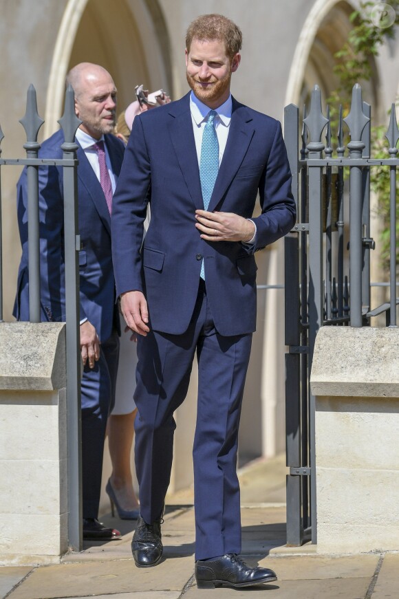 Le prince Harry, duc de Sussex, à la sortie de la messe de Pâques à la chapelle Saint-Georges du château de Windsor, le 21 avril 2019.