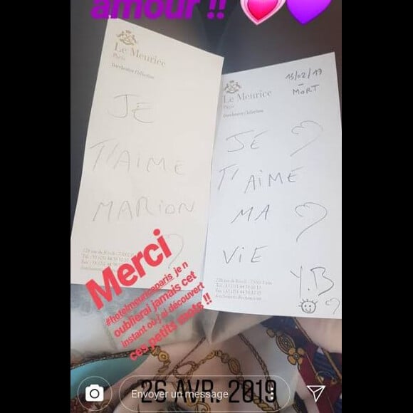 Marion Bartoli a posté cette photo de mots doux de son chéri, Y.B, sur Instagram, le 10 mai 2019.