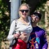 Exclusif - Joe Jonas et sa fiancée Sophie Turner font un peu de shopping avant la diffusion du premier épisode de la dernière saison de Game of Thrones dont Sophie est l'une des actrices principales. Elle porte un crop top boutonné blanc et un pantalon en cuir rouge. Le couple semble très amoureux. Los Angeles, le 13 avril 2019.