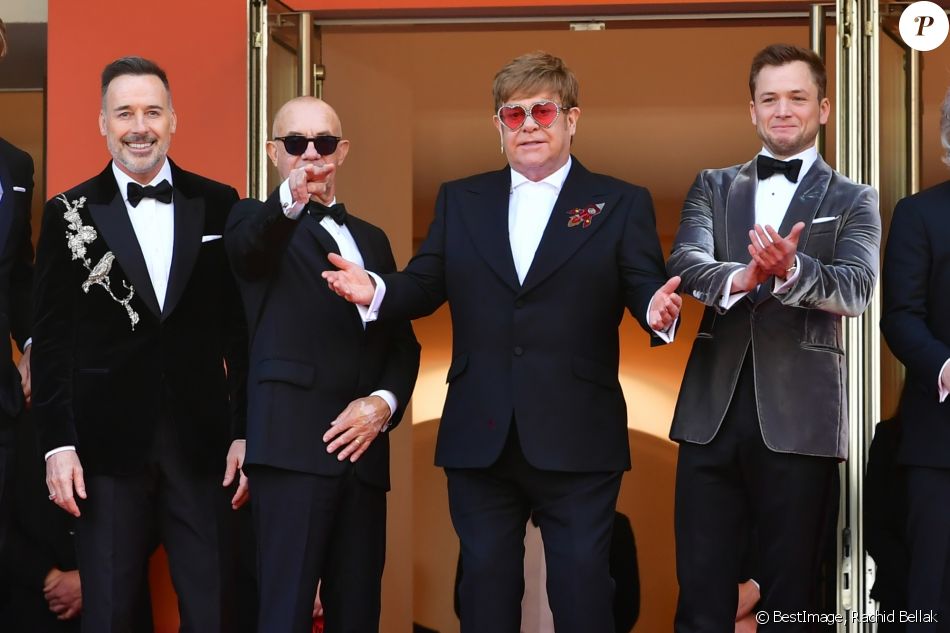 David Furnish, Bernie Taupin, Elton John, Taron Egerton à la première de &quot;Rocketman&quot; lors du 72e Festival International du Film de Cannes, le 16 mai 2019. © Rachid Bellak/Bestimage