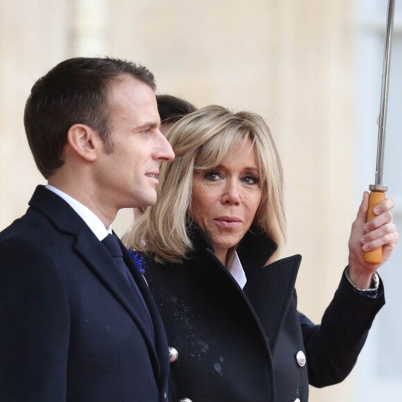 Le président de la République française Emmanuel Macron et sa femme la Première Dame Brigitte Macron (Trogneux) reçoivent les présidents avant la cérémonie du Centenaire de l'Armistice de la Première Guerre Mondiale, au palais de l'Elysée à Paris, France, le 11 novembre 2018. © Stéphane Lemouton/Bestimage