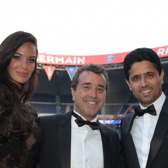 Exclusif - Jade Foret, son mari Arnaud Lagardère et Nasser Al-Khelaifi, le président du Paris Saint-Germain (PSG) - 5e dîner de gala de la fondation Paris Saint-Germain au parc des Princes à Paris, France, le 15 mai 2018. © Rachid Bellak/Bestimage