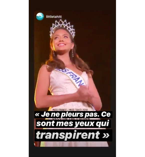 Vaimalama Chaves émue aux larmes lors de l'élection de Miss Tahiti 2019 le 21 juin 2019.