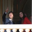 Gad Elmaleh et sa compagne Charlotte Casiraghi - Présentation de la princesse Gabriella et du prince Jacques de Monaco au balcon du palais princier de Monaco, le 7 janvier 2015, à la population monégasque en présence de la famille princière.